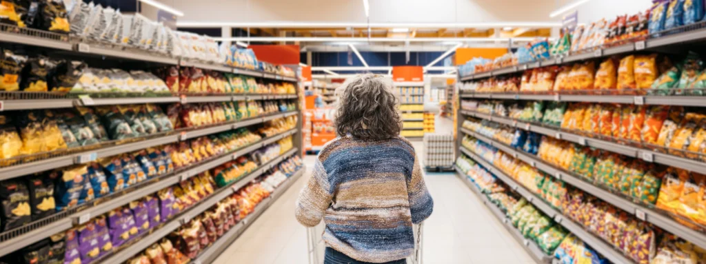 woman with shopping trolley in the middle of a supermarket aisle