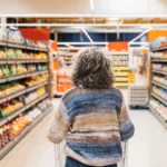 woman with shopping trolley in the middle of a supermarket aisle