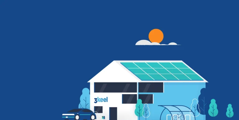 An illustration of the 3Keel offices showing solar panels and EV charging areas.